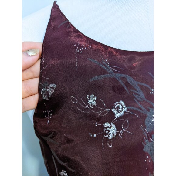 Vintage 90s Burgundy Dress Prom Formal Silver Floral Whimsygoth Witchy Sz 10 - Picture 9 of 12